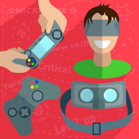 Guy with the head-mounted display, joystick in hand and separately, glasses virtual reality inside  into flat style with saturated background. Vector Illustrationのイラスト素材