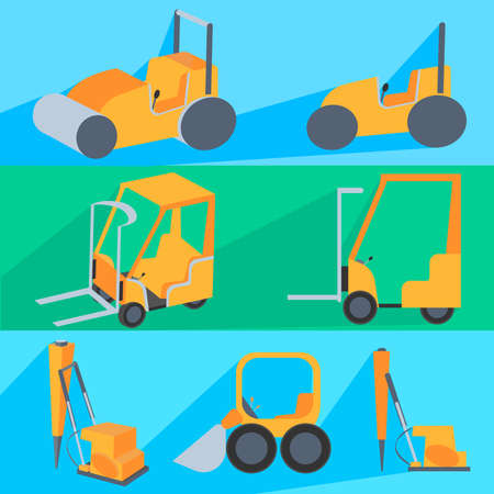 Set painted in the style of flat color, construction machinery for repairs and loading, painted in...