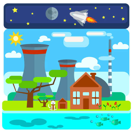 Nuclear power plant on nature background with different ecological structures, water, space, land. The house, the trees, the dog. Vector illustrationsのイラスト素材