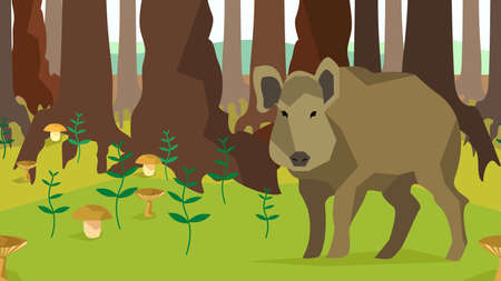 Animals, nature. Boar in forest with a large trees and fungus on a background horizontal tile pattern seamless. In flat polygon style for design applications and sites. Vector illustrationのイラスト素材