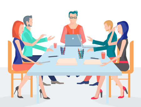 Conference business people with a variety of office supplies on the table, discussing business ideas. It can be used to design websites or applications. Vector Illustrationのイラスト素材