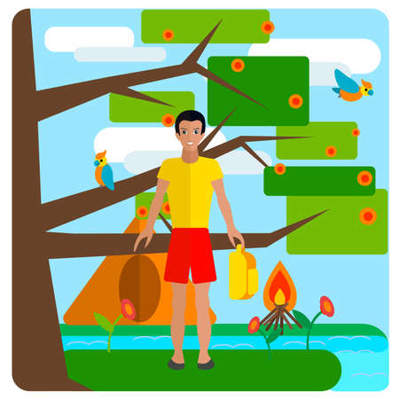 Tourist guy resting on nature with a backpack and a tent, built a fire. on the background of sky, birds and tree. Can be used for design of cards or camping outdoor companies. Vector Illustrationのイラスト素材