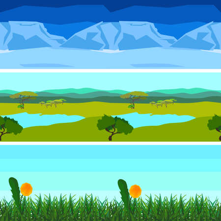 Set of different colorful landscapes, background horizontal pattern seamless. In flat polygon style for design applications and sites. Nature. Vector illustrationのイラスト素材
