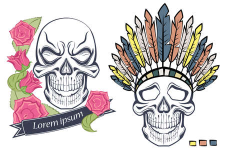 Isolated skull in old school style, with roses and ethnic headdress with feathers. Vector illustrationのイラスト素材