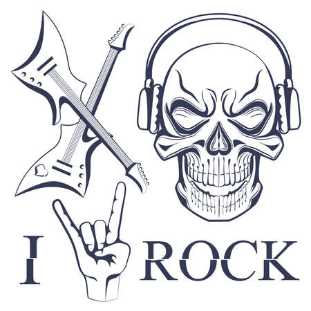 Earphone skull with crossed guitars and signature at the bottom. Conceptual idea. Vector illustrationのイラスト素材