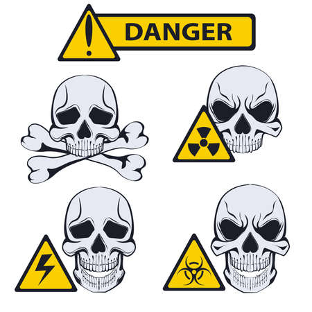 Signs isolated of danger. Set of cautionary signs with monochrome skulls in a stencil style. It can be used for design warning labels. Vector illustrationのイラスト素材