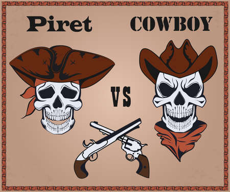 Confrontation pirate against cowboy, two the crossed pistols, hats. It can be used for posters. Vector Illustrationのイラスト素材