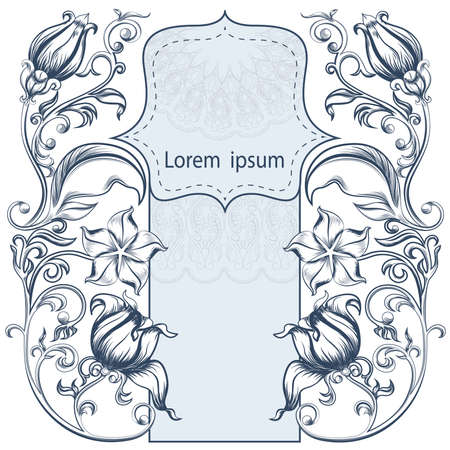 Symmetrical vintage ornate floral pattern with lots of curls, flowers and leaves arranged around the frame for your text. It can be used to design postcards. Vector illustrationのイラスト素材