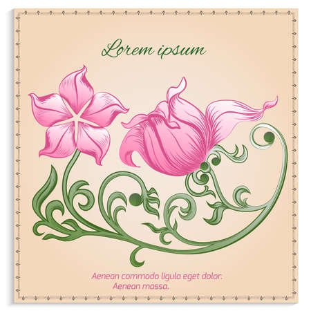 Vintage card with pink flowers in ornamental frame on a gentle background. Vector illustration.のイラスト素材