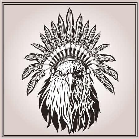 American Eagle in ethnic Indian headdress with feathers. In graphic stencil style. Totem animal. Vector illustrationのイラスト素材