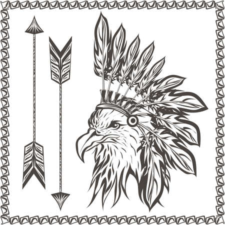 American Eagle in ethnic Indian headdress with feathers and arrows. In graphic stencil style. Totem animal. Vector illustrationのイラスト素材