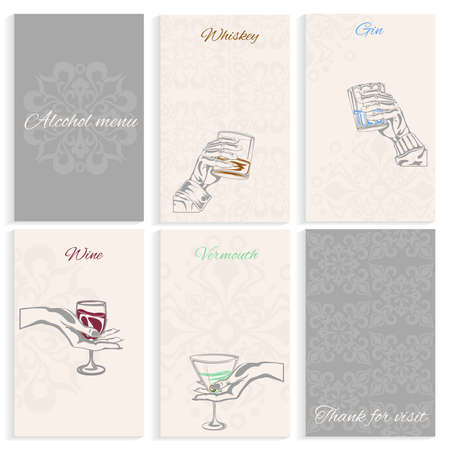 Set pages for alcohol menu on light background man and womans hand holding glass whiskey, wine, vermouth, gin. Hand-drawn design element. Engraving style. Vector illustrationのイラスト素材