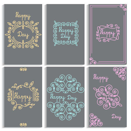 Set of cards with frame, monogram linear emblem in Victorian style. Isolated vector illustrationのイラスト素材