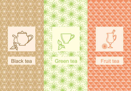 Set of design elements ornamental and icons in trendy linear style for tea package fruit,black and green tea. Vector illustrationのイラスト素材