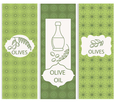 Set of design elements, patterns and icons in trendy linear style for olives, olive oil. Vector illustrationのイラスト素材