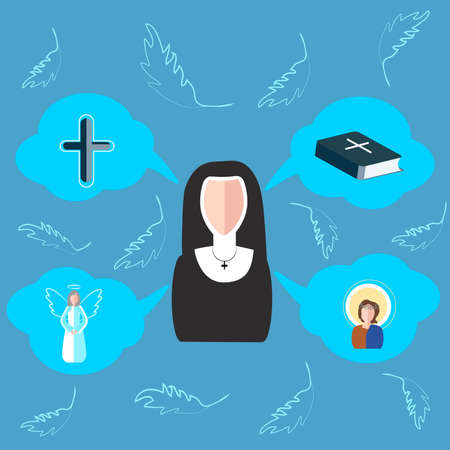 Set of vector elements on the subject of religion. The nun is drawn in cartoon style graphics on a blue background. Icons in the form of clouds with symbols of faith. Vector illustrationのイラスト素材