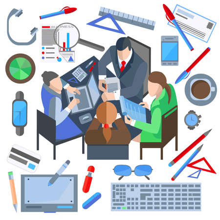 Set of isolated icons of office and business elements for web and mobile applications. Meeting business people at the table. Men and women into a flat style for design. Vector illustrationのイラスト素材