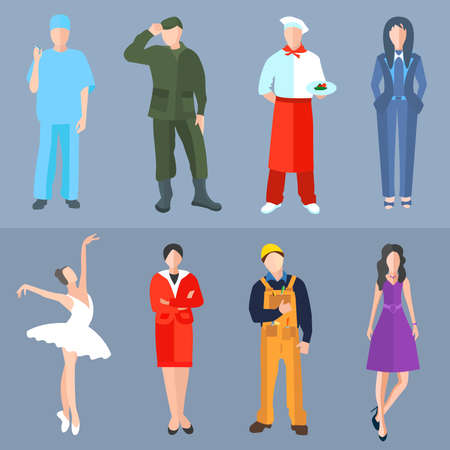 Set isolated workers of different professions. Men and women dressed as chefs, builders, military, medical worker, a ballerina for design and websites. Modern concept. Vector illustrationのイラスト素材