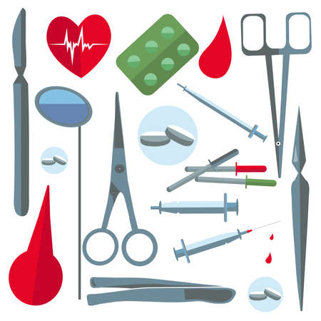 Set isolated medical instruments and drugs in a flat style for web and mobile applications. Tablets, syringes, scalpels, scissors. Vector illustrationsのイラスト素材