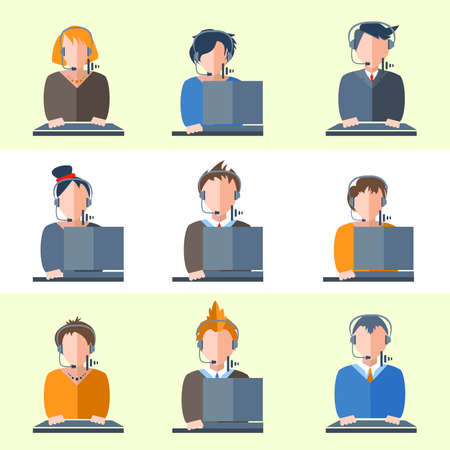 Color flat icons of men and women business topics. Illustration of people center operators for web, social, management, business, internet, mobile applications, interface design. Vector illustrationのイラスト素材