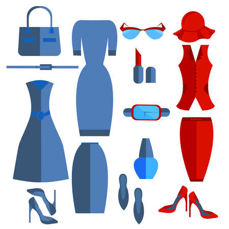 Set isolated womens clothing and accessories into a flat style, skirt, dress, shoes, sunglasses. Stylish office outfits that can be edited to suit your design. Vector illustrationのイラスト素材