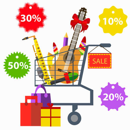 The concept of the sale of musical instruments in a flat style. Set of isolated icons on a white background. Guitar, trumpet, label, package, microphone for design. Vector illustrationのイラスト素材