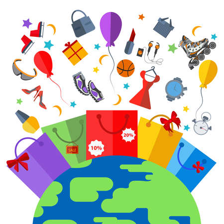 The concept of sales worldwide. Plenty of colorful packages discount into a flat style. Isolated for men and women items with festive balls on white background for design.Vector illustrationのイラスト素材