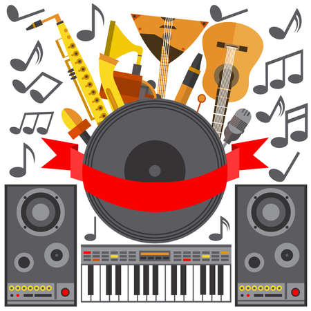 Set of musical instruments isolated on a white background in a flat style. Icons balalaika, pipe, tape, speakers, piano for design. Vector illustrationのイラスト素材