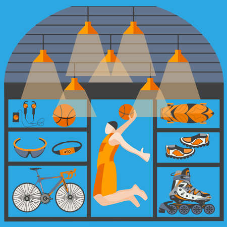 The modern concept of shop sports equipment. Sportsman who plays basketball with the ball. Isolated icon of sports goods on a blue background. Accessories, clothing for the game. Vector illustrationのイラスト素材
