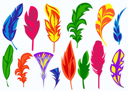 Set flat colored feathers on a white background. Isolated icons for design. Vector illustrationのイラスト素材