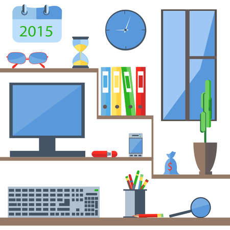 Isolated business objects into a flat style on the shelves. The modern concept room with shelves and elements of office objects, folder, monitor, watch, window, keyboard. Vector illustrationのイラスト素材