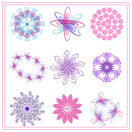 Set of multicolored floral patterns ornament and geometric shapes on a white background. The modern concept of isolated circular elements for design. Vector illustrationのイラスト素材