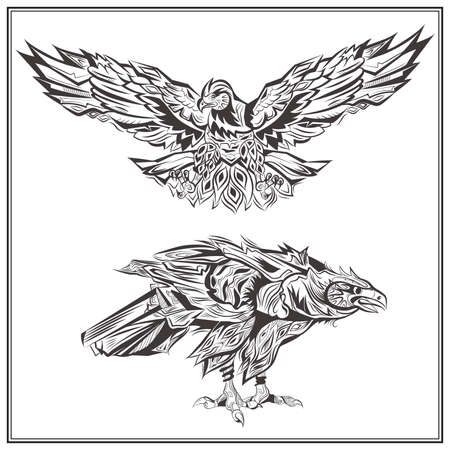 Decorative eagles on a white background. Isolated birds in vintage style for design t-shirts, bags, posters, tattoos. Vector illustrationのイラスト素材