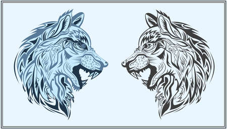 Decorative head of a wolf on a blue background. Isolated decorative animals in a modern style for design bags, posters, tattooのイラスト素材