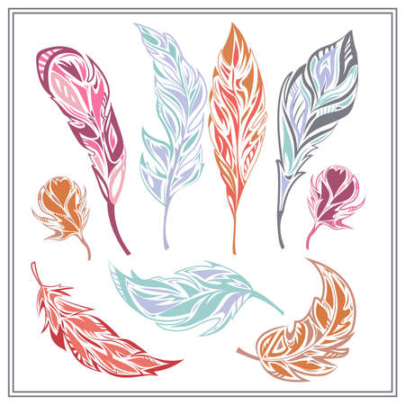 Set of decorative colored feathers on a white background. Isolated elements of contemporary design products for decoration theme posters, banners, advertisements. Vector illustrationのイラスト素材