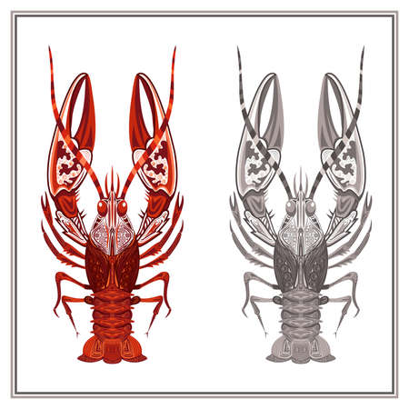 Decorative ornament crayfish on a white background. Isolated crustaceans with red and gray patterns for design menu, t-shirts, bags. Vector illustrationのイラスト素材