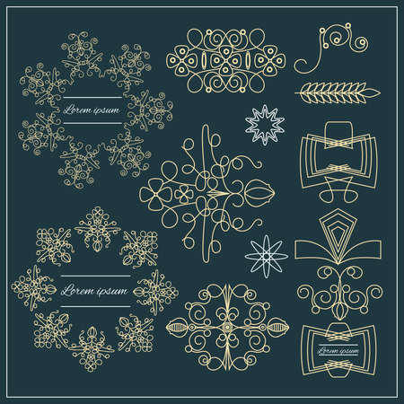 Set isolated ornamental template flourishes calligraphy elegant ornament gold lines on a dark background. Vintage monogram. Vector illustrationのイラスト素材