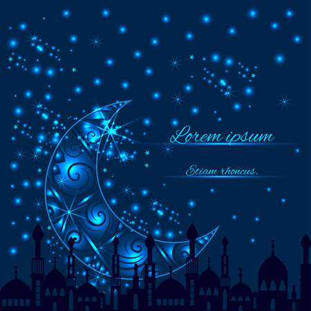 Greeting card with a pattern crescent moon lights and the mosque on a blue background. The modern concept of the holy fasting month of Ramadan Kareem. Vector illustrationのイラスト素材