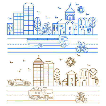 City illustration in linear style birds, buildings, cathedrals, clouds, cyclist, machines graphic design template. Vector Illustrationのイラスト素材