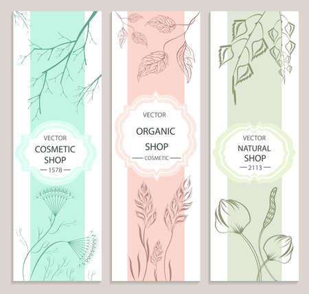 Floral, botanical decorative banner collection. Organic cosmetic  products. Vector Illustrationのイラスト素材