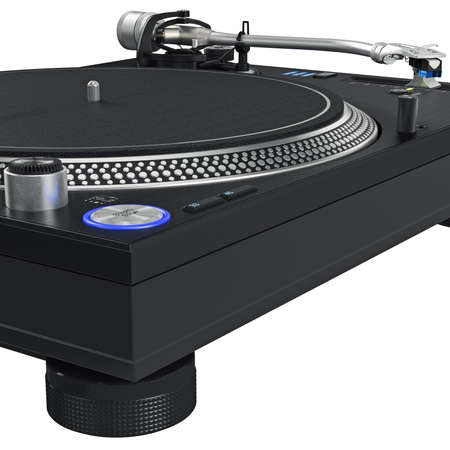 Dj vinyl needle turntable with chrome elements. 3D graphic, close view. 3D graphic