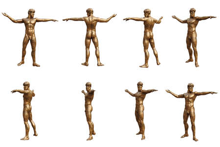 Set statues man with golden metal. 3D graphic. 3D illustration