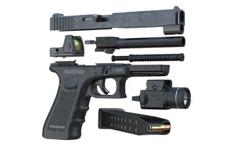 Gun weapon handgun military defense, disassembled. 3D renderingの写真素材