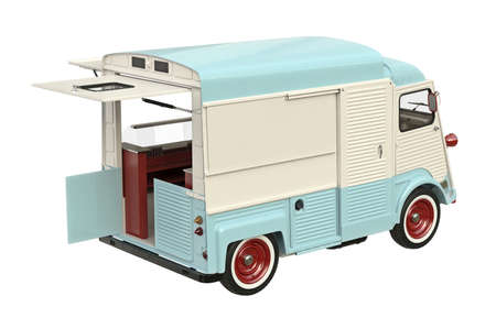 Food truck mobile eatery with open doors. 3D rendering
