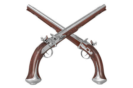 Pistol gun weapon brown wooden old flintlock. 3D rendering