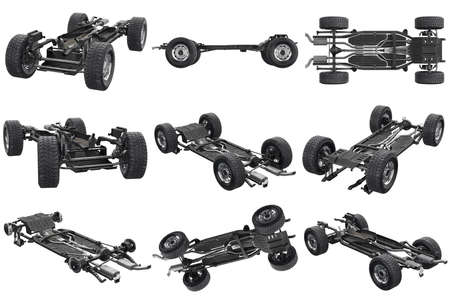 Chassis frame car with wheel set. 3D rendering