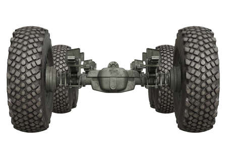 Truck military chassis with wheels, front view. 3D rendering