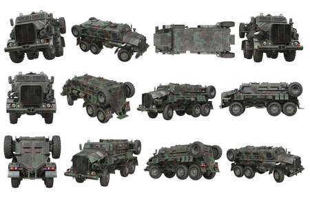 Truck military camouflaged armored army transport set. 3D rendering