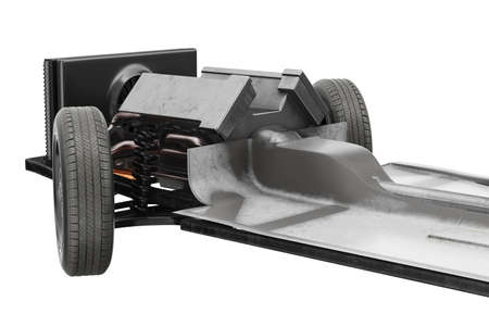 Chassis frame automobile underbody with wheel, close view. 3D renderingの写真素材