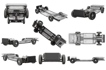 Chassis frame car with wheel set. 3D rendering